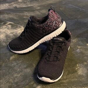 Skechers Black Knit Sneakers with Pink Highlights, Size 7